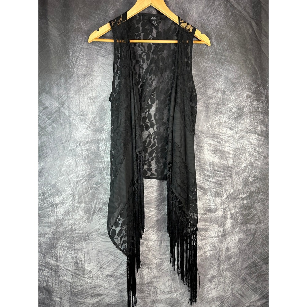 Black Lace Fringe Vest Small Sheer Open Front Boho Festival Kimono